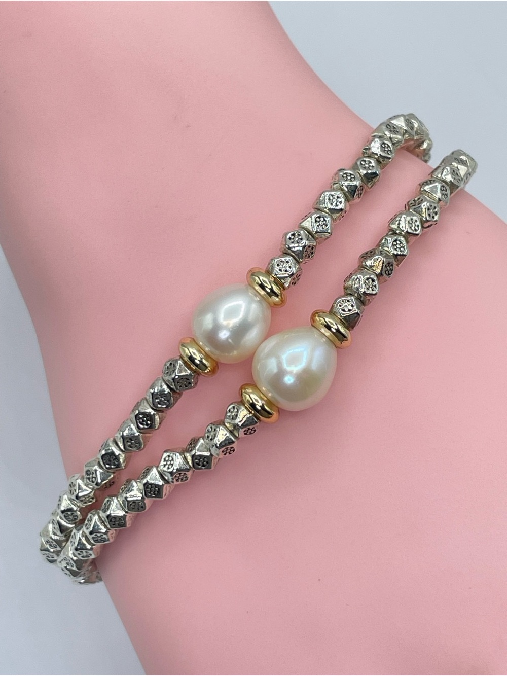 Two Tone Double Strand Real Pearl Beaded Bracelet Asian Coin Charm